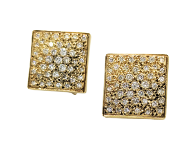 Square yellow gold earring set with 1.14 carat total weight of round diamonds