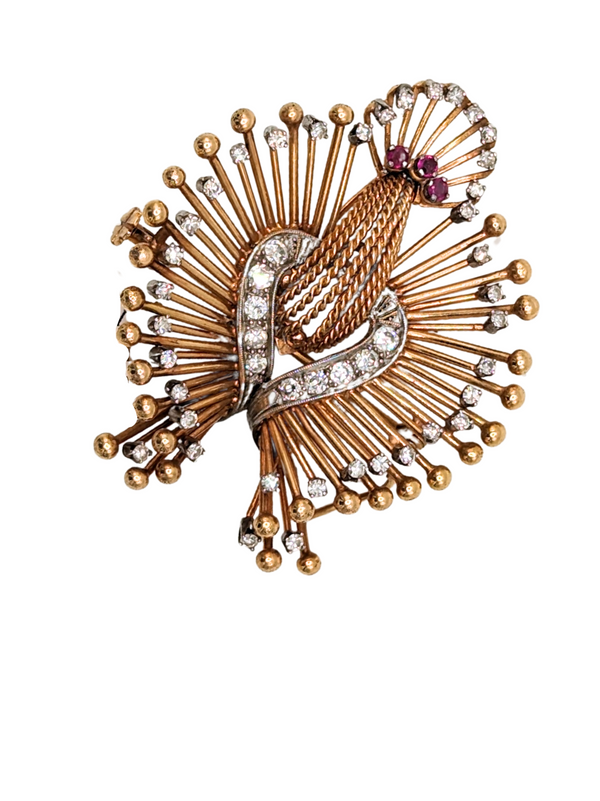 Peacock vintage inspired brooch with diamonds in rose gold