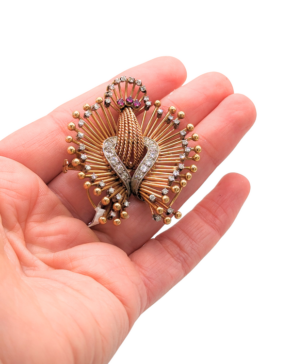 Peacock vintage inspired brooch with diamonds in rose gold