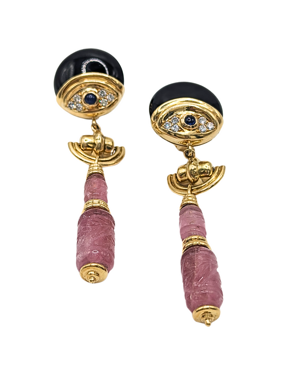 Onyx, diamond, sapphire & rose quartz earrings in yellow gold