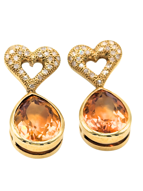 Diamond encrusted yellow gold heart earrings with citrine dangles