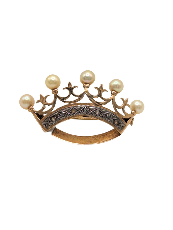 Vintage pearl and diamond crown brooch