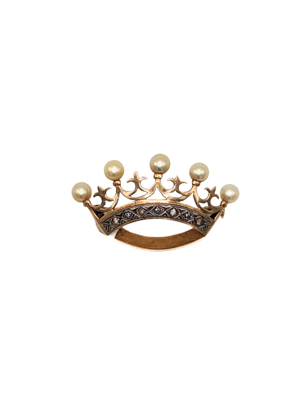 Vintage pearl and diamond crown brooch