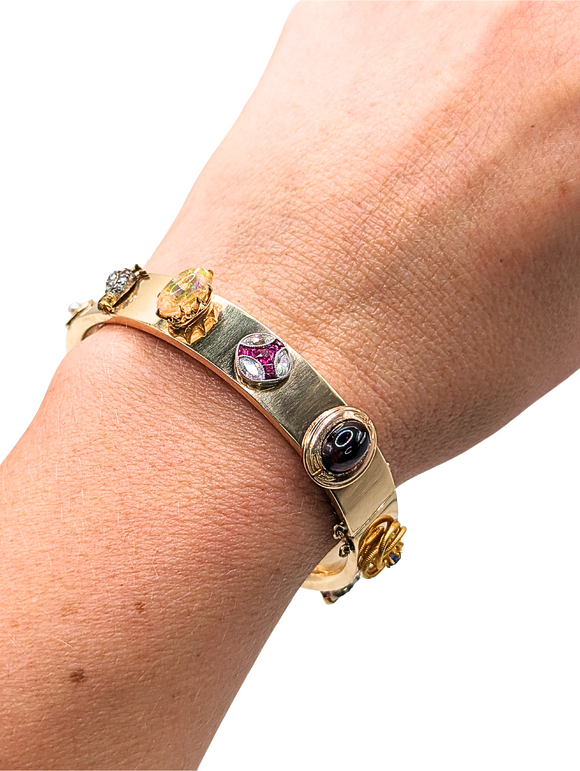 Vintage charm bangle with gemstones and diamonds