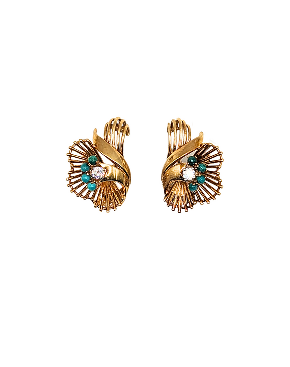 Vintage gold "fan" earrings with diamonds