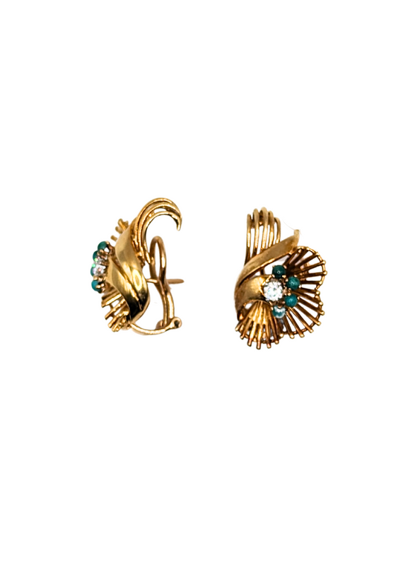 Vintage gold "fan" earrings with diamonds