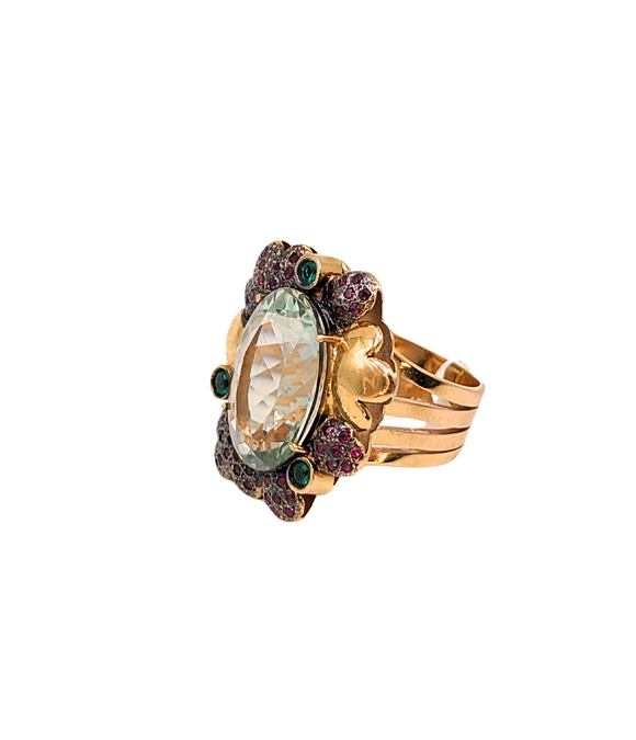 Vintage floral ring with blue/green quartz center stone and gems