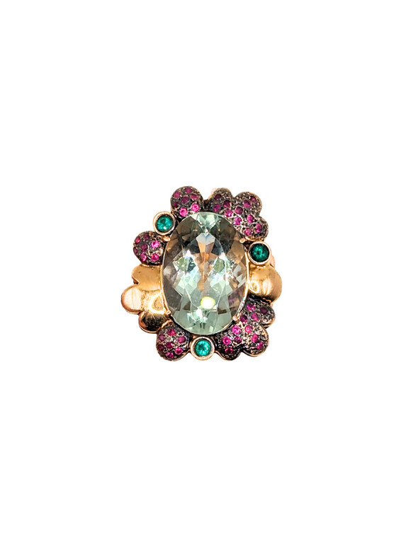 Vintage floral ring with blue/green quartz center stone and gems