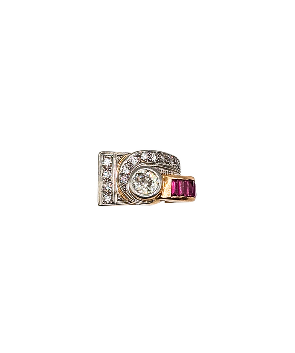 Asymmetrical Retro ring in rose gold with diamonds and rubies