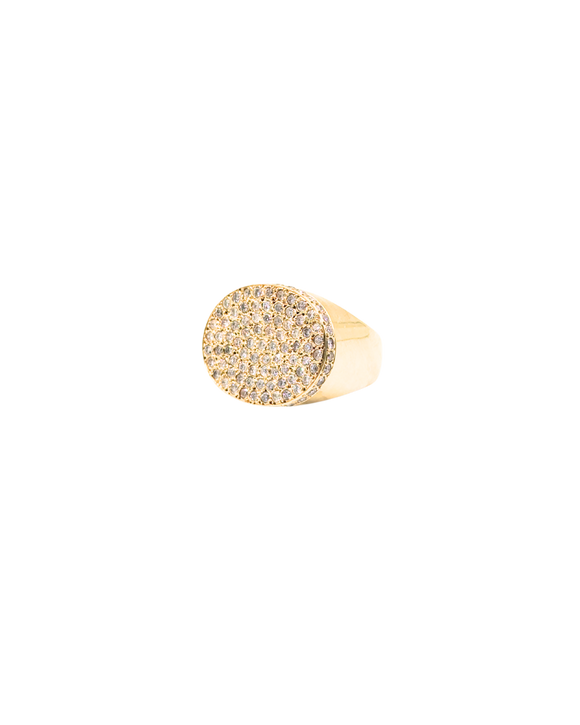 Oversized oval-shaped gold ring with pave diamonds