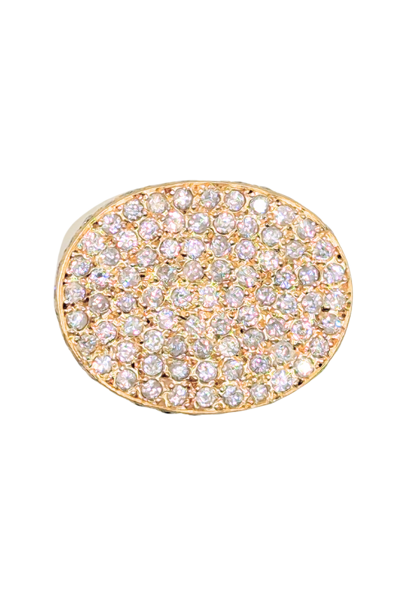 Oversized oval-shaped gold ring with pave diamonds