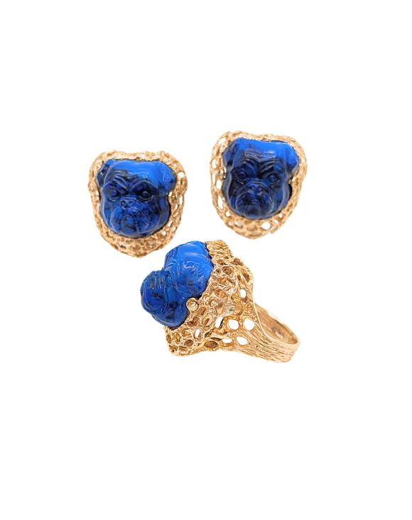 Lapis and gold bulldog ring and earring set