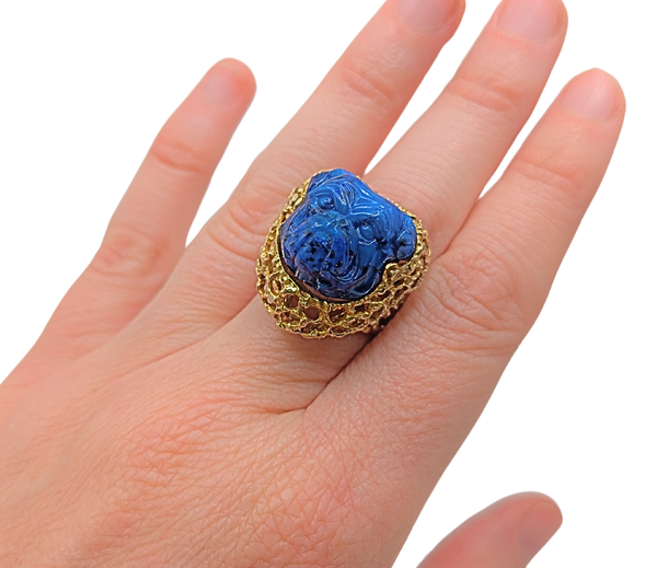 Lapis and gold bulldog ring and earring set