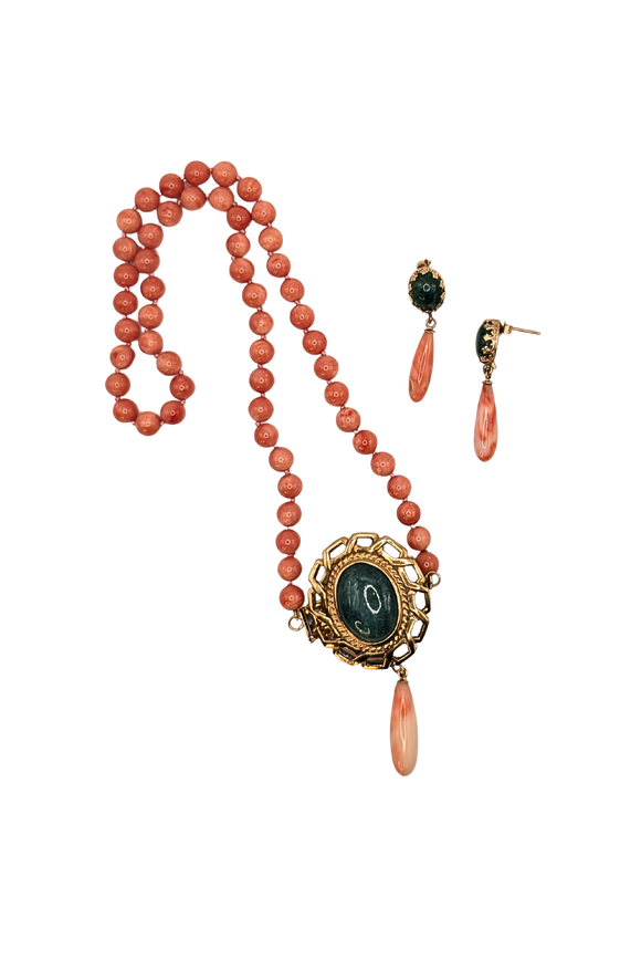 Coral and jadeite necklace & earring set