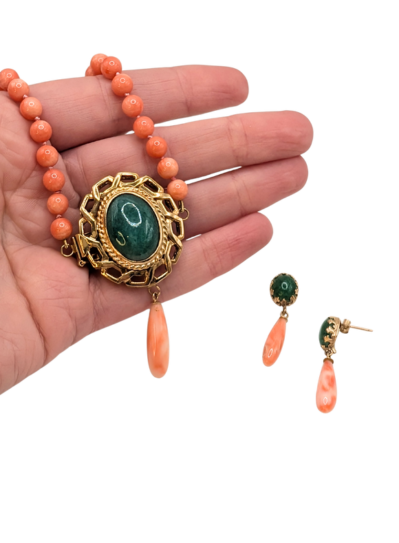 Coral and jadeite necklace & earring set