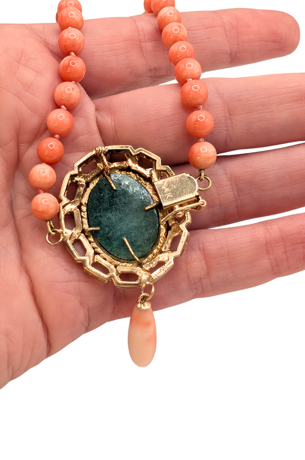 Coral and jadeite necklace & earring set