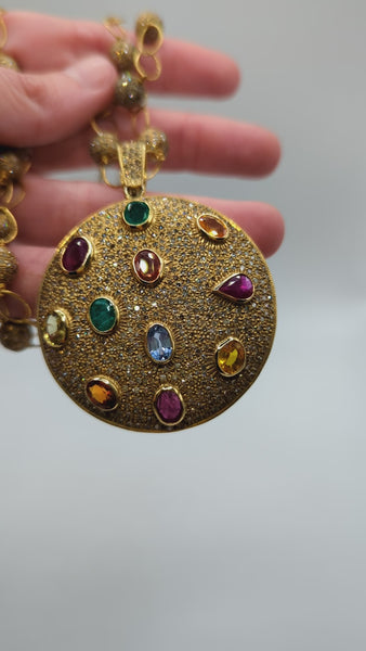 Colored gemstone and diamond "cookie" necklace